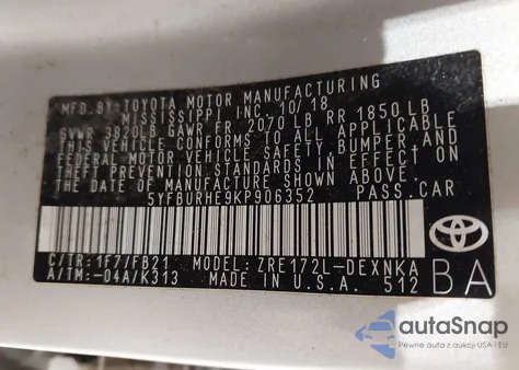 2019 Toyota Corolla Le из США, поврежденный, VIN 5YFBURHE9KP906352